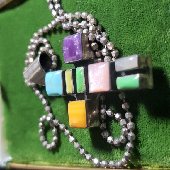 MEXICO RARE VINTAGE 925 STERLING SILVER INLAY CROSS WITH STERLING BALL CHAIN - Picture 6 of 6